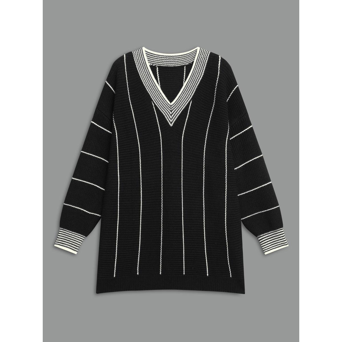 Plus Size Texture Contrast Striped Lantern Sleeve Pullover Black Women Casual Loose Long Sleeve V-neck Everyday Pullovers BloomChic 18-20/2X Product Image