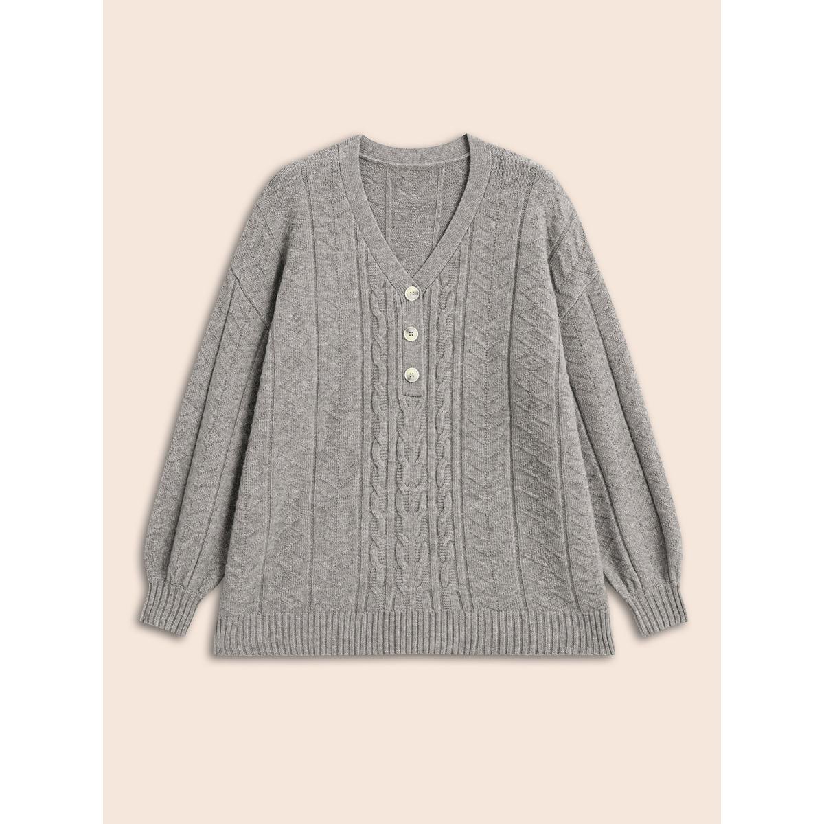 Plus Size Supersoft Essentials Cable Knit Button Up Pullover Mediumgray Women Leisure Loose Long Sleeve V-neck Casual Pullovers BloomChic 12/L Product Image