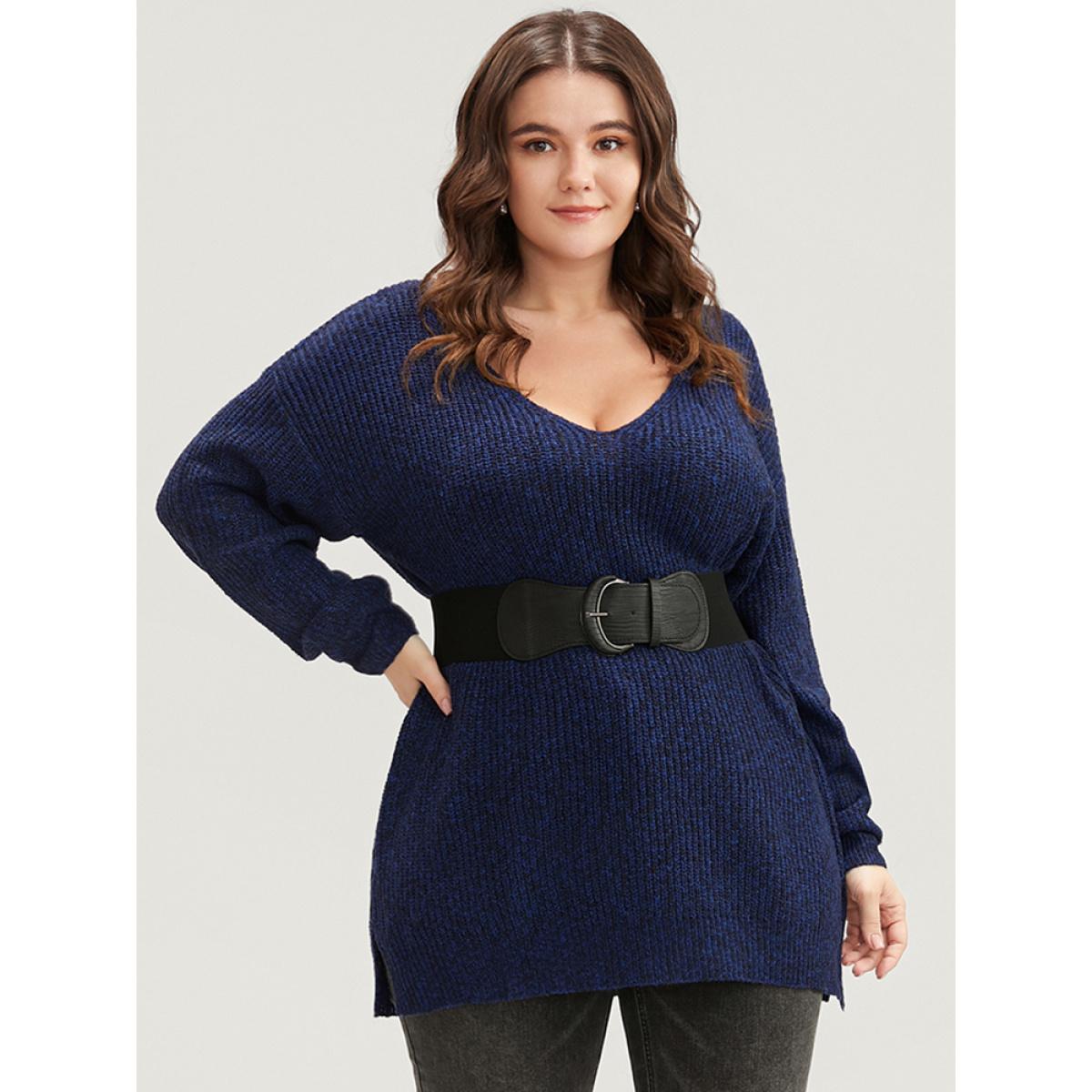 Plus Size Solid Pointelle Knit V Neck Split Hem Heather Knit Top DarkBlue Women Casual Loose Long Sleeve V-neck Dailywear Pullovers BloomChic 26/4X Product Image