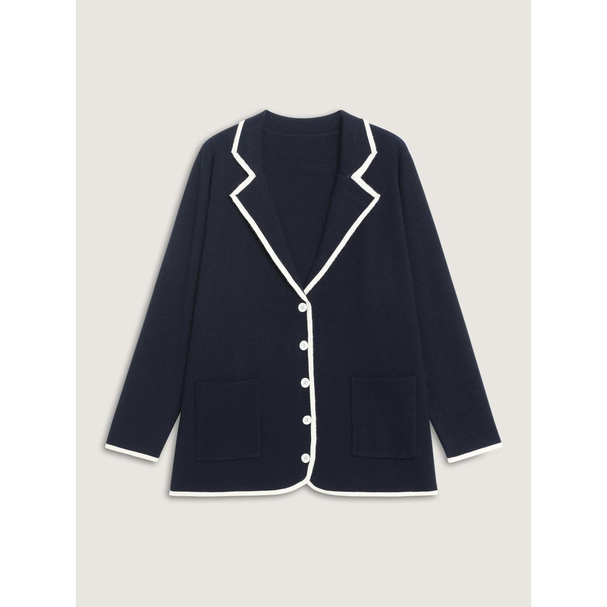 Plus Size Blazer Collar Pockets Color Contrast Knit Cardigan Midnight Women Office Loose Long Sleeve Office Cardigans BloomChic 12/L Product Image