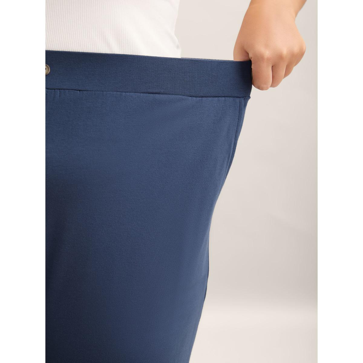 Plus Size Button Front Pleated Comfy Fit Pants Women Indigo Casual Wide Leg Mid Rise Everyday Pants BloomChic 28/5X Product Image