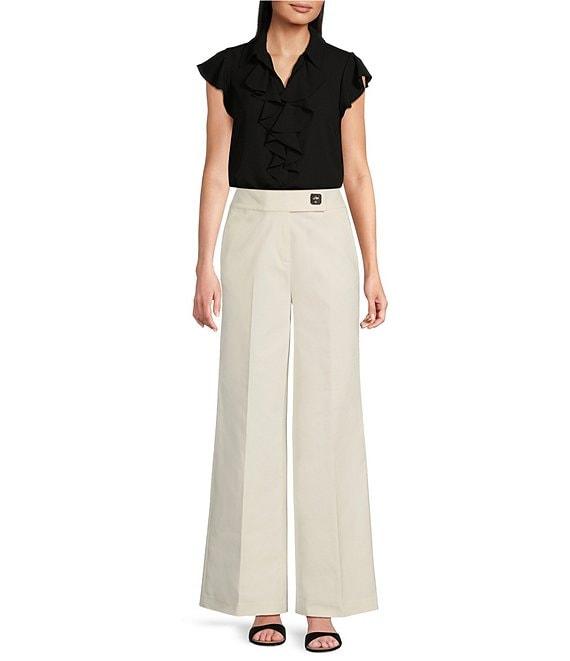 Calvin Klein Georgette Ruffle-Front Point Collar Short Sleeve Top Product Image