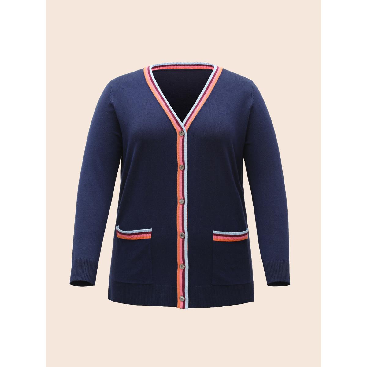 Plus Size Contrast Striped Trim Patch Pocket Cardigan Indigo Women Casual Loose Long Sleeve Everyday Cardigans BloomChic 10/M Product Image