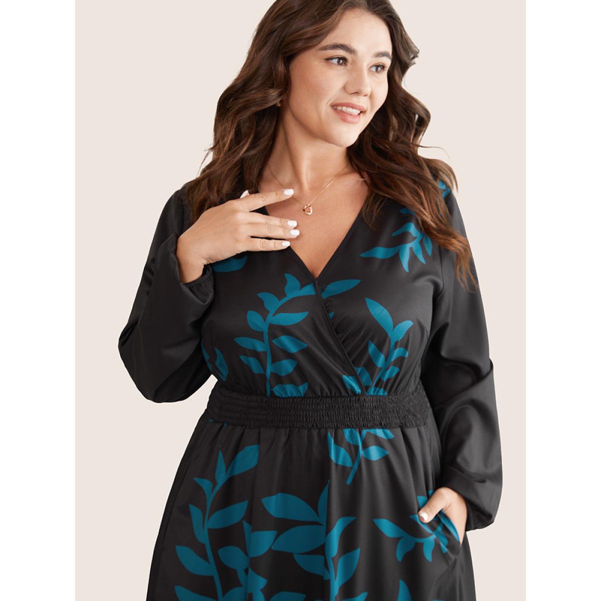 Plus Size Silhouette Floral Print Surplice Neck Shirred Dress Emerald Women Elegant Elastic cuffs Overlap Collar Long Sleeve Curvy Midi Dress BloomChic 22-24/3X Product Image