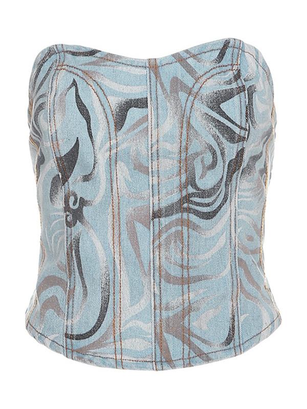 Irregular Print Backless Denim Bandeau Top Product Image