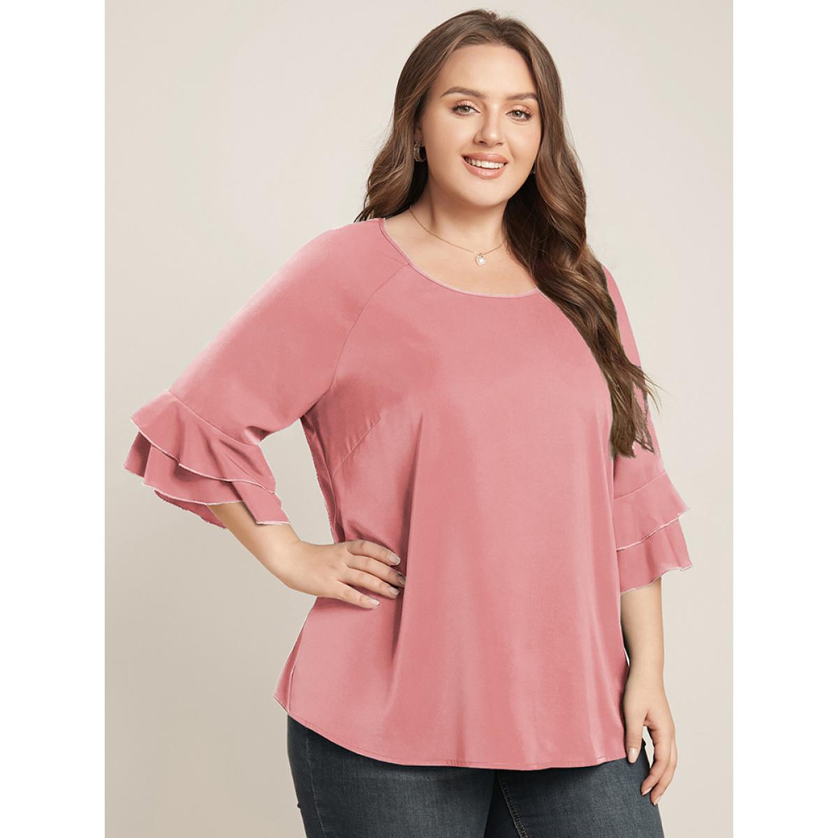 Plus Size DustyPink Plain Ruffle Tiered Round Neck Blouse Women Work From Home Elbow-length sleeve Round Neck Work Blouses BloomChic 30/6X Product Image