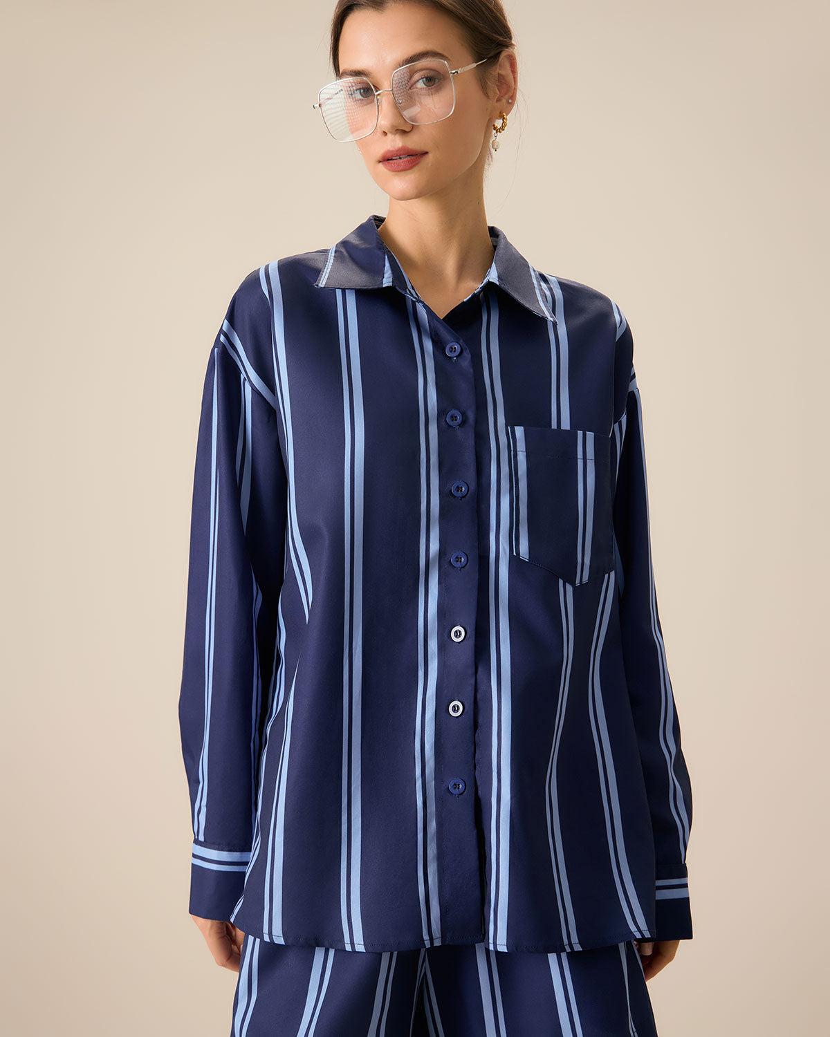 Women's Navy Striped Pocket Shirt Female Product Image