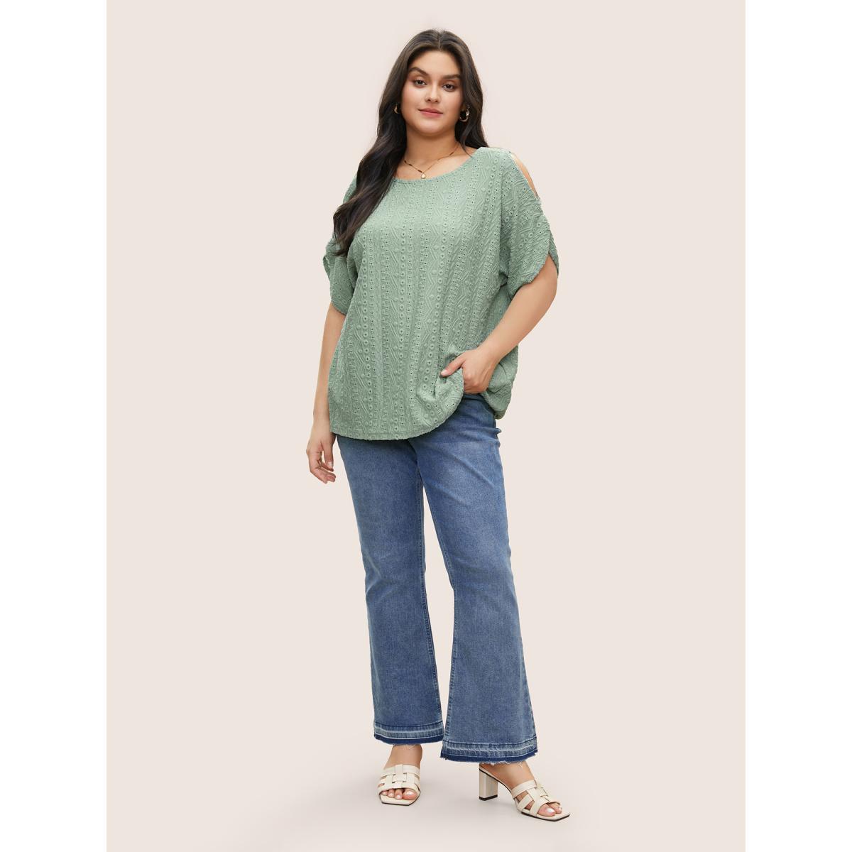Plus Size Plain Texture Round Neck Cut Out T-shirt Mint Women Elegant Non Plain Round Neck Everyday T-shirts BloomChic 10/M Product Image