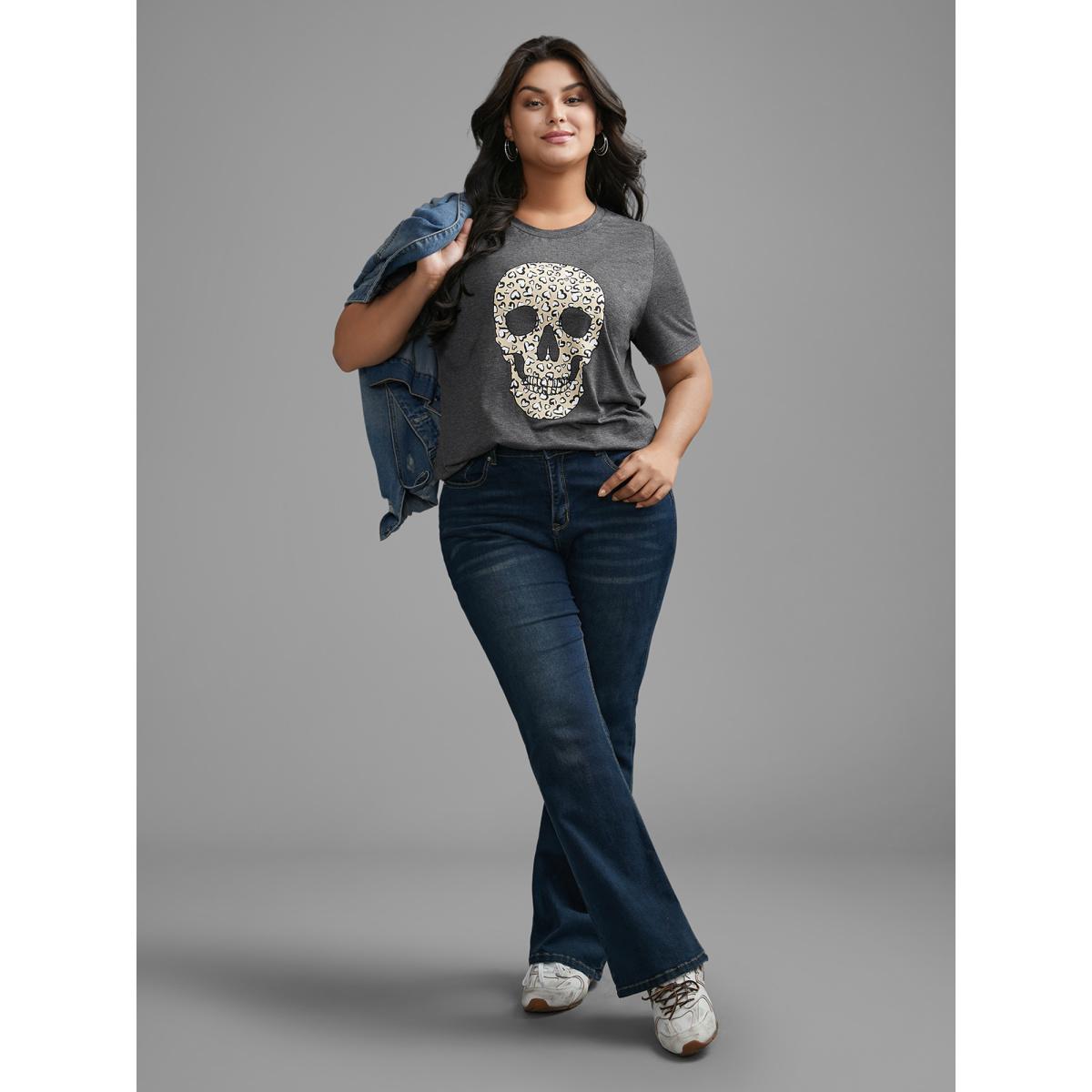 Plus Size Crew Neck Skull Leopard Print T-shirt DimGray Women Casual Non Art&design Round Neck Everyday T-shirts BloomChic 12/L Product Image