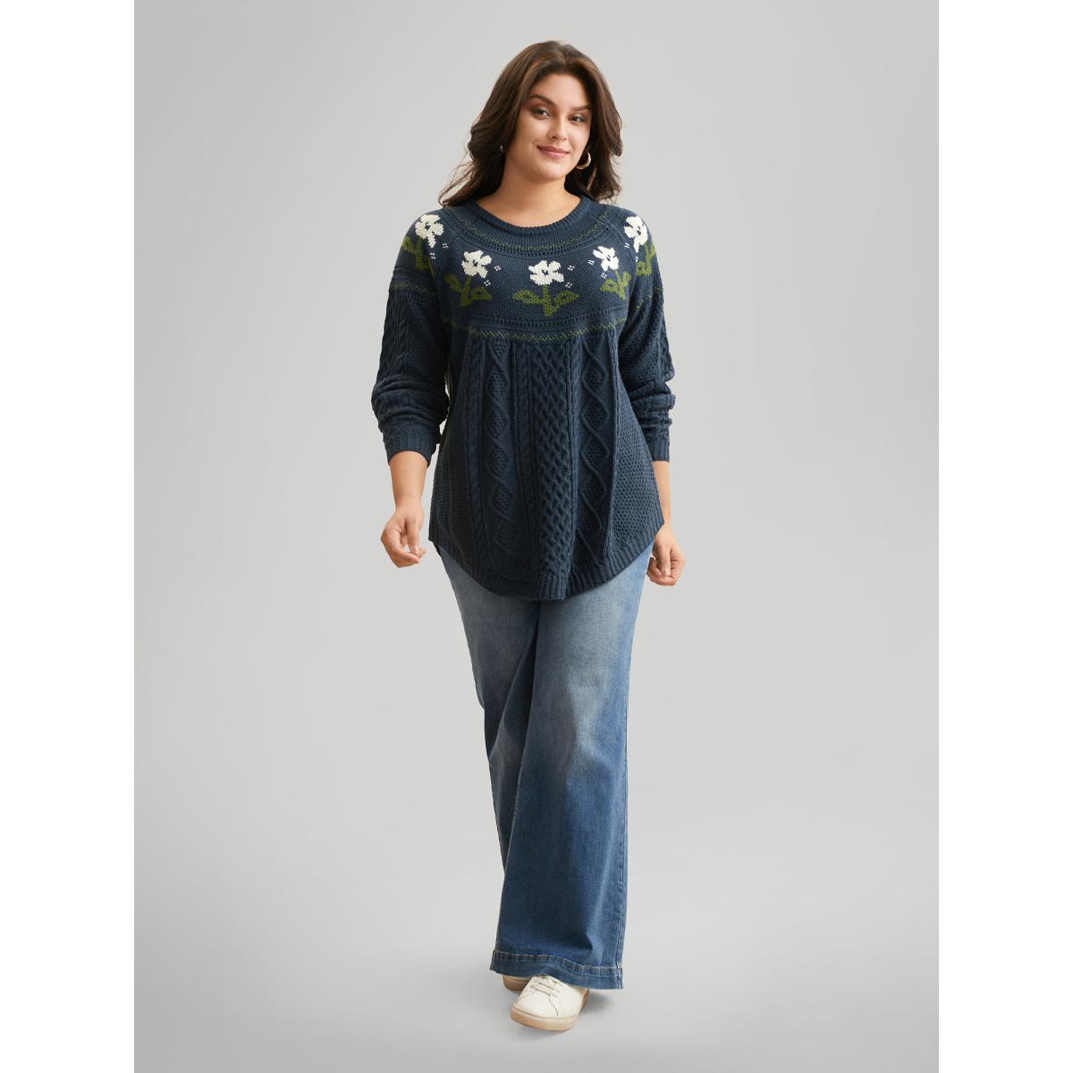 Plus Size Floral Jacquard Raglan Sleeve Pullover Indigo Women Leisure Long Sleeve Round Neck Casual Pullovers BloomChic 28/5X Product Image