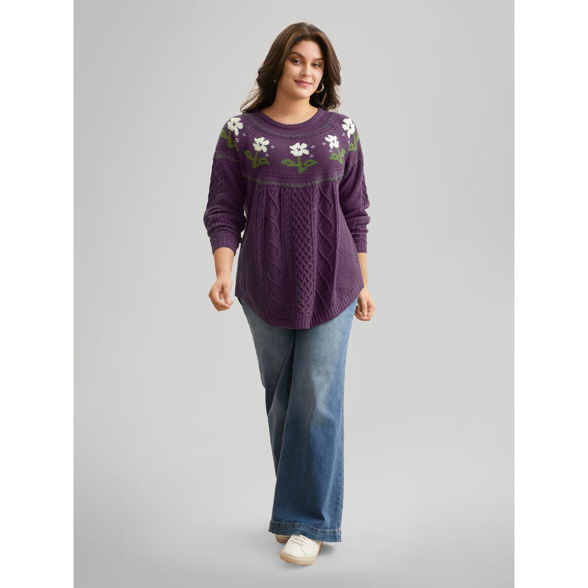 Plus Size Floral Jacquard Raglan Sleeve Pullover DarkGreen Women Casual Long Sleeve Round Neck Everyday Pullovers BloomChic 22-24/3X Product Image