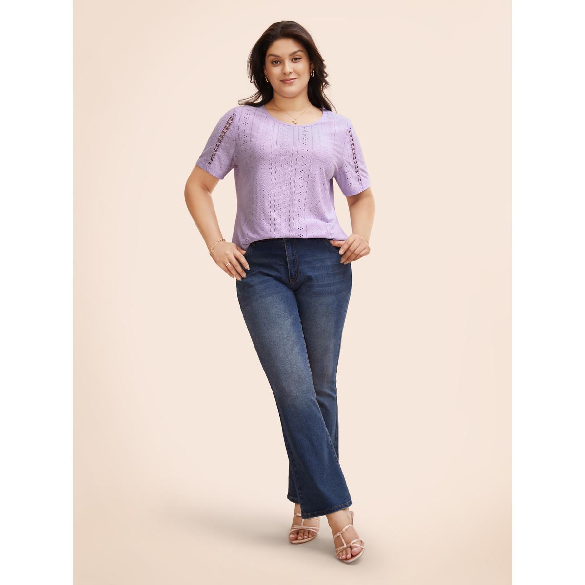 Plus Size Solid Round Neck Broderie Anglaise T-shirt Lavender Women Elegant Woven ribbon&lace trim Round Neck Everyday T-shirts BloomChic 12/L Product Image