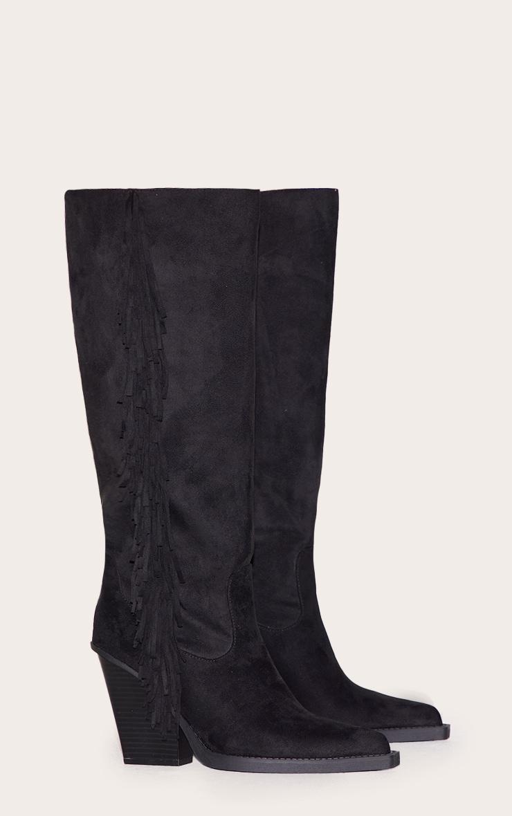 Black Faux Suede Point Toe Fringed High Block Heel Knee Boots Product Image
