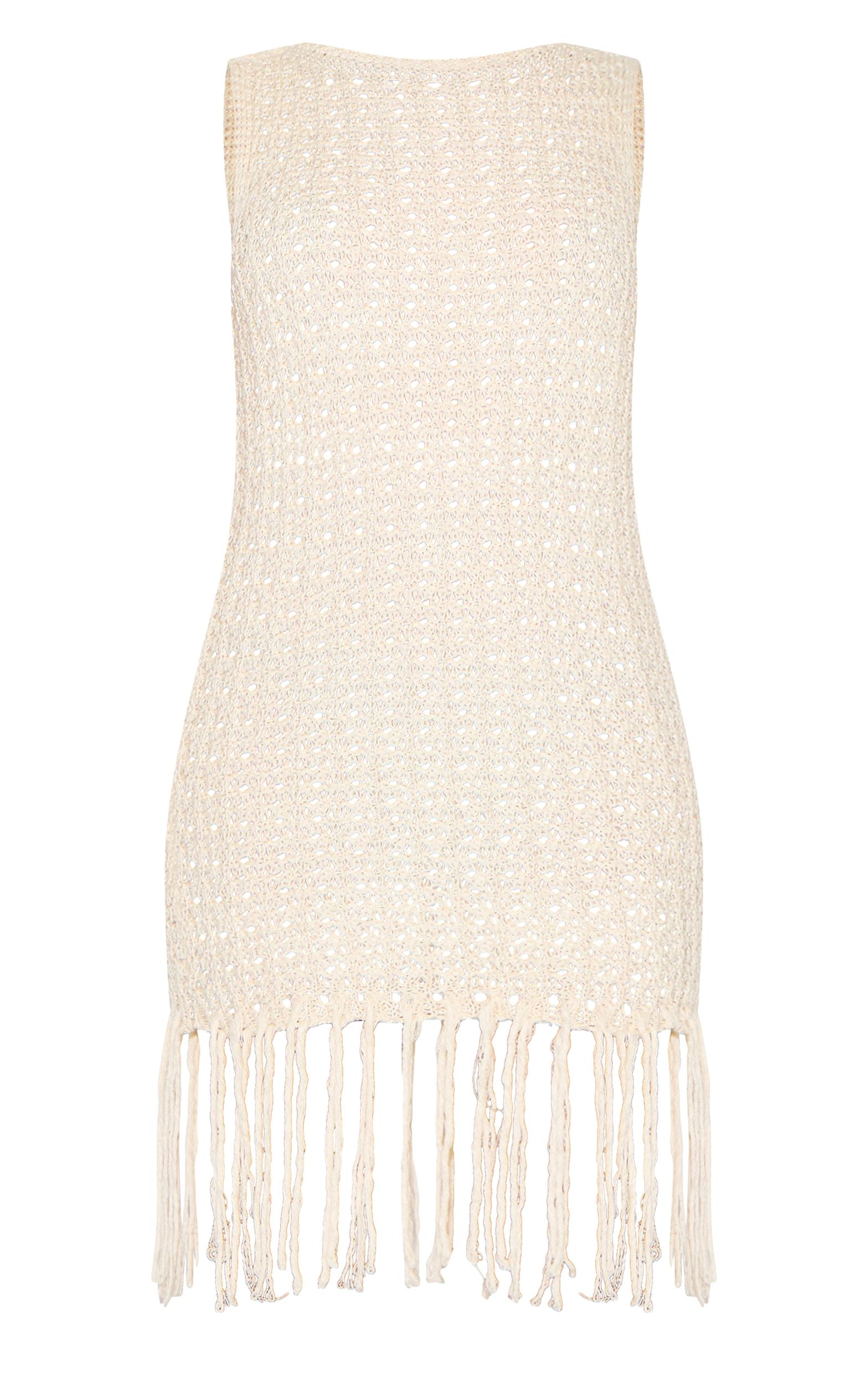 Petite Cream Crochet Boat Neck Tassle Mini Dress Product Image