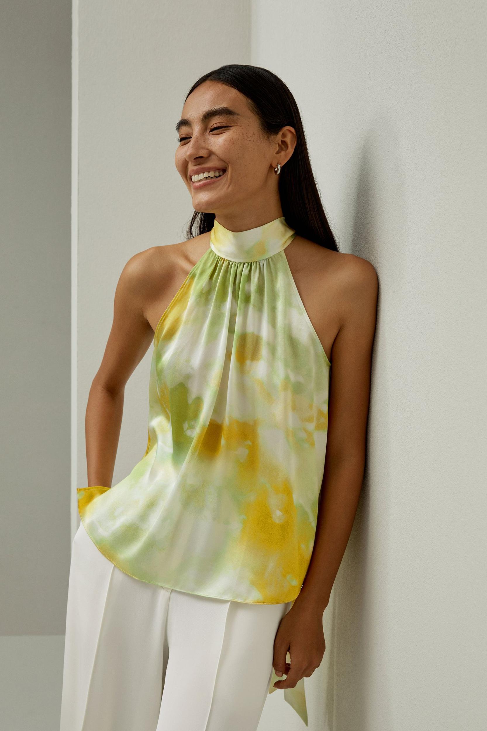 Print Silk Halter Neck Top Product Image