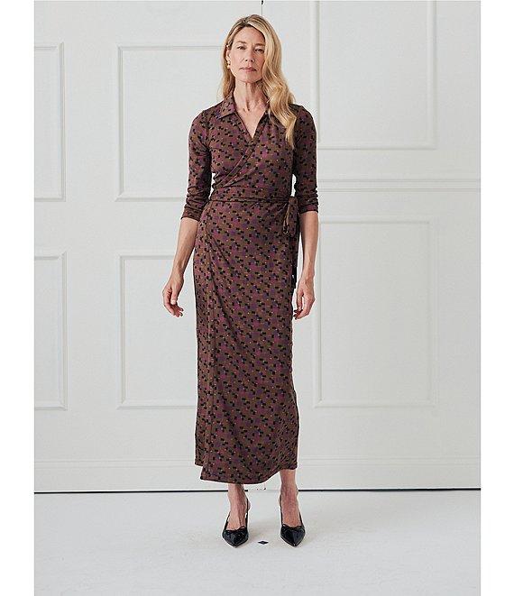 J.McLaughlin Printed Knit Reversible Point Collar V-Neck 3/4 Sleeve Wrap Dress Product Image