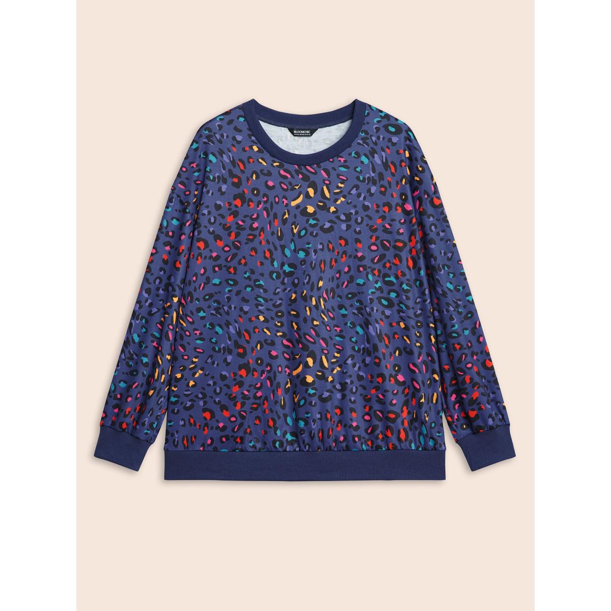 Plus Size Round Neck Color Leopard Print Sweatshirt Women Indigo Casual Contrast Round Neck Everyday Sweatshirts BloomChic 14-16/1X Product Image