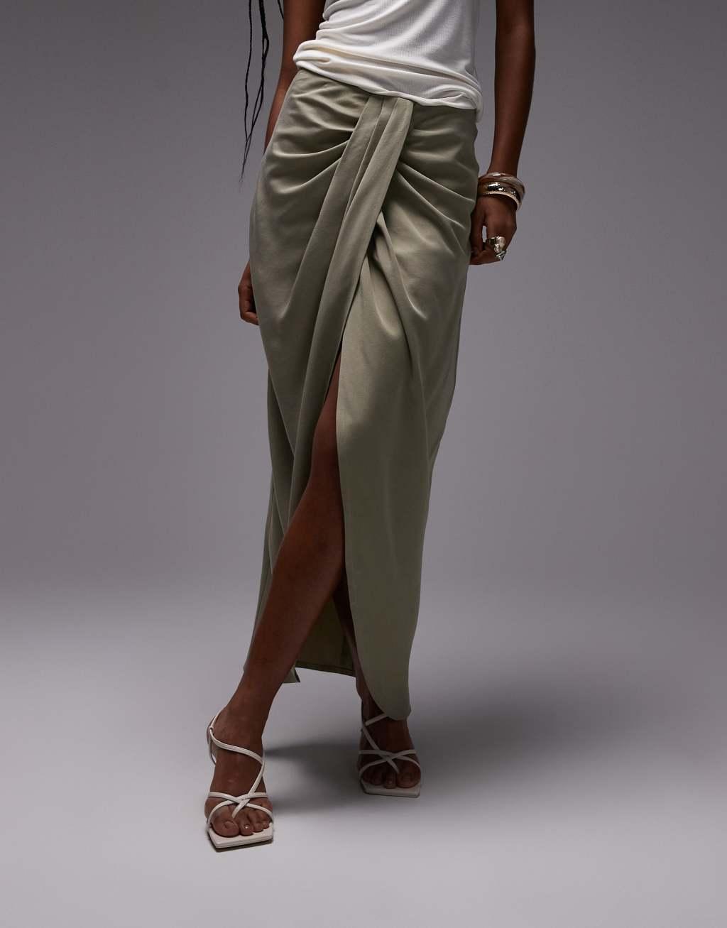 ASOS DESIGN lyocell drape front maxi skirt in olive Product Image