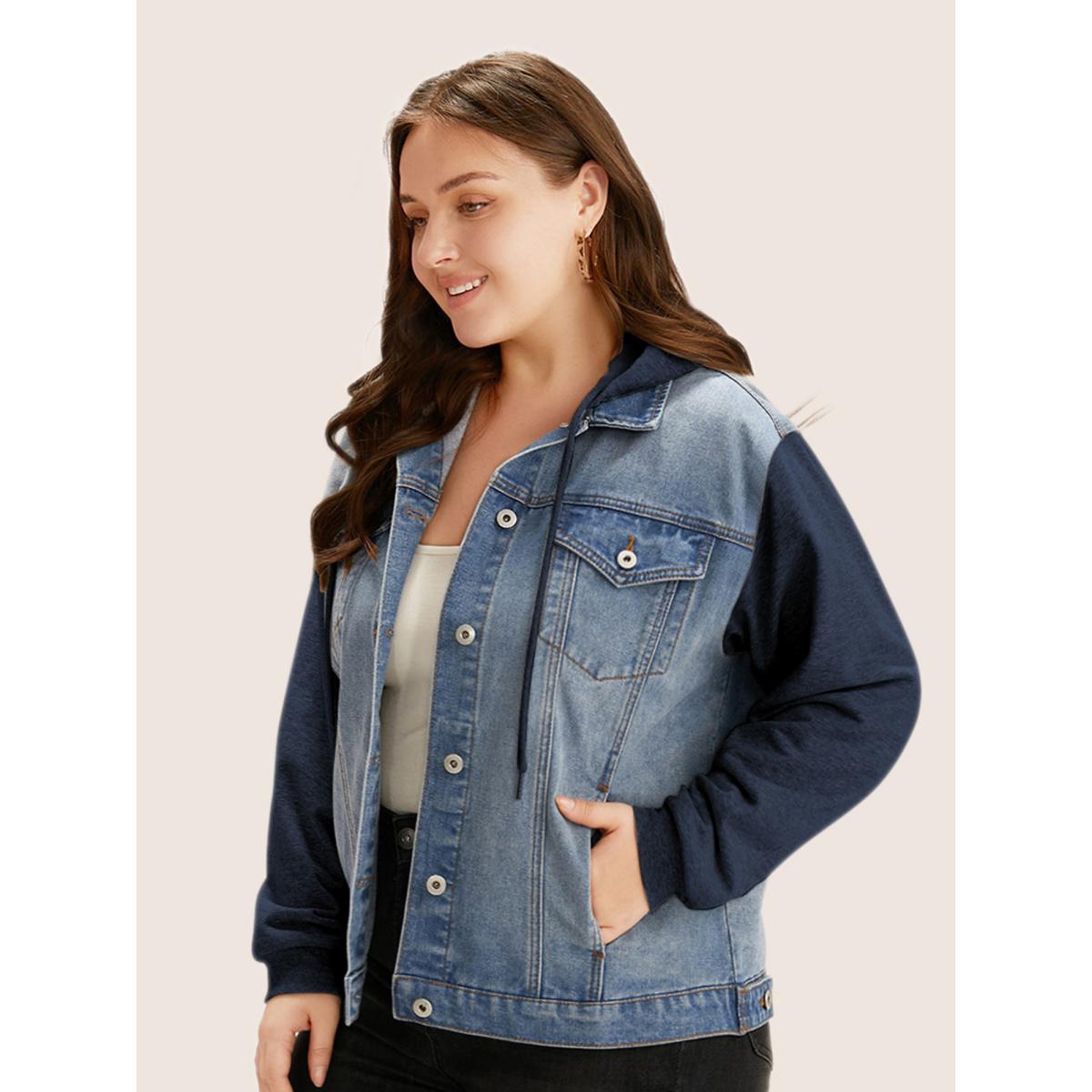 Women Hooded Patchwork Flap Pocket Denim Jacket Indigo Plus Size Plain Contrast Casual Slanted pocket Leisure Denim Jackets BloomChic 10/M Product Image