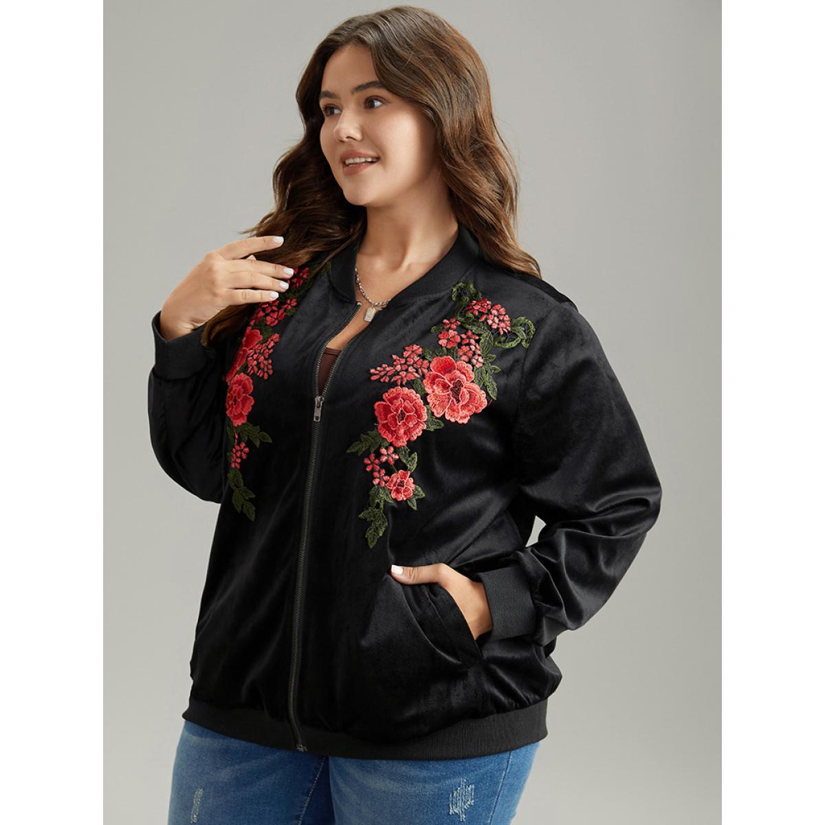 Plus Size Velvet Floral Embroidered Zipper Pocket Bomber Jacket Women Black Contrast Pocket Dailywear Jackets BloomChic 10/M Product Image