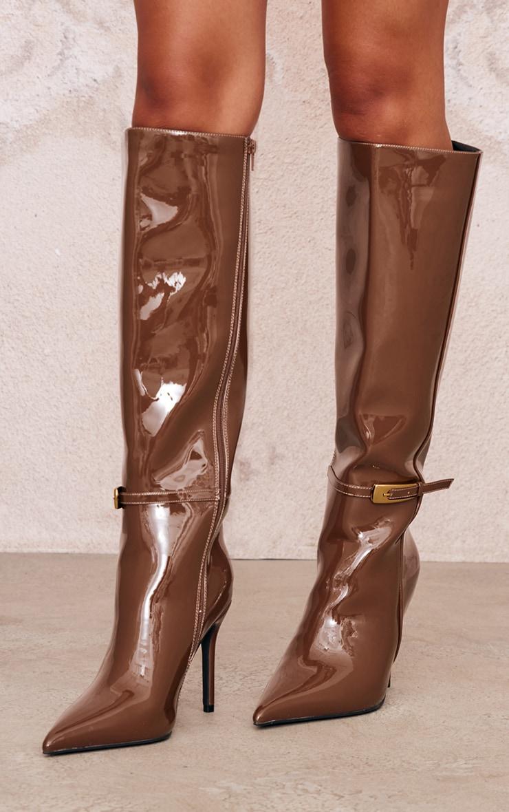 Chocolate Patent PU Wide Fit Point Toe Knee High Stiletto Heeled Boots Product Image