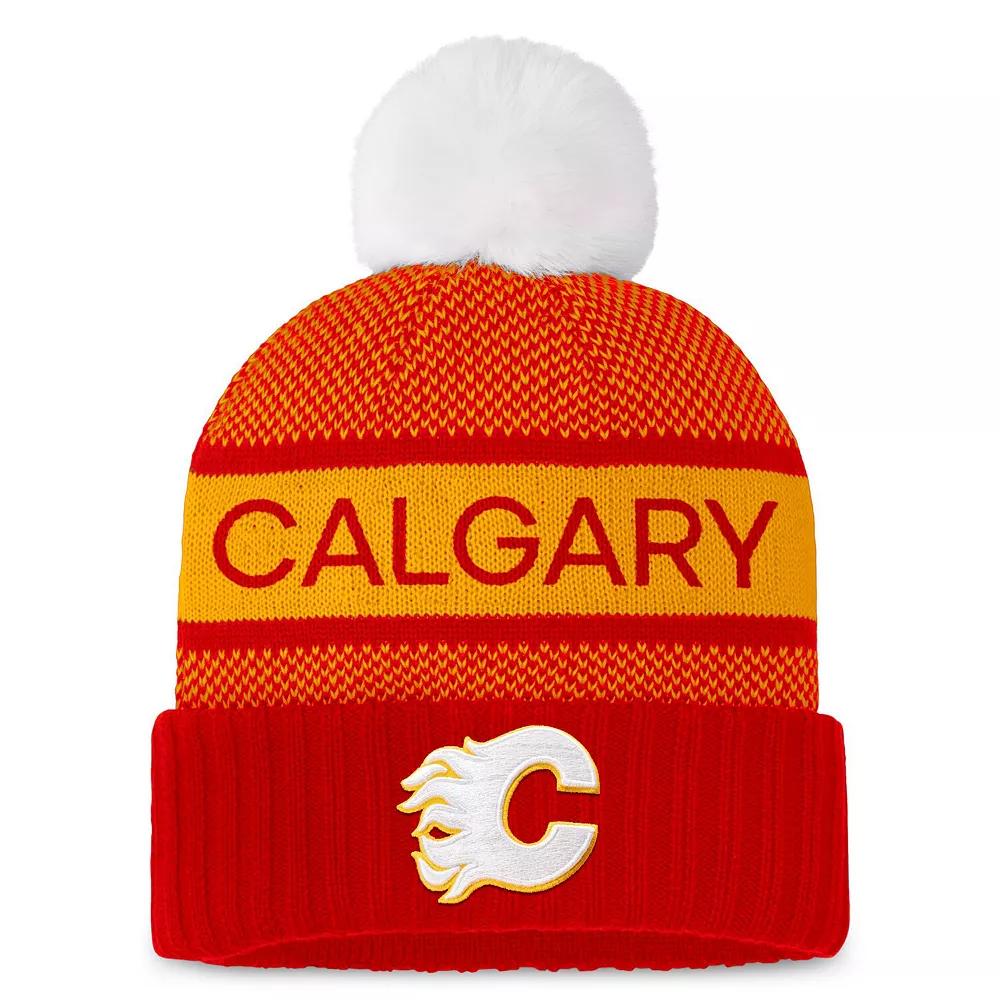 Women's Fanatics Branded  Red/Yellow Calgary Flames Authentic Pro Rink Cuffed Knit Hat with Pom, Flm Red Product Image