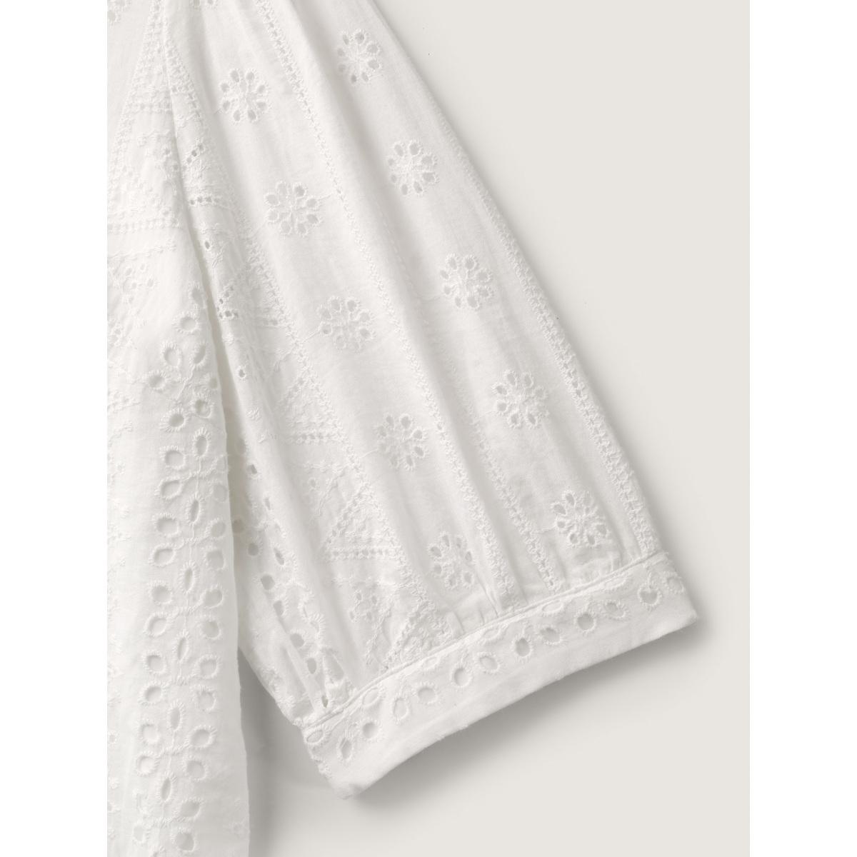 Plus Size WhiteSmoke Cotton Eyelet Embroidery V-Neck Blouse Women Boho Elbow-length sleeve V-neck Vacation Blouses BloomChic 26/4X Product Image