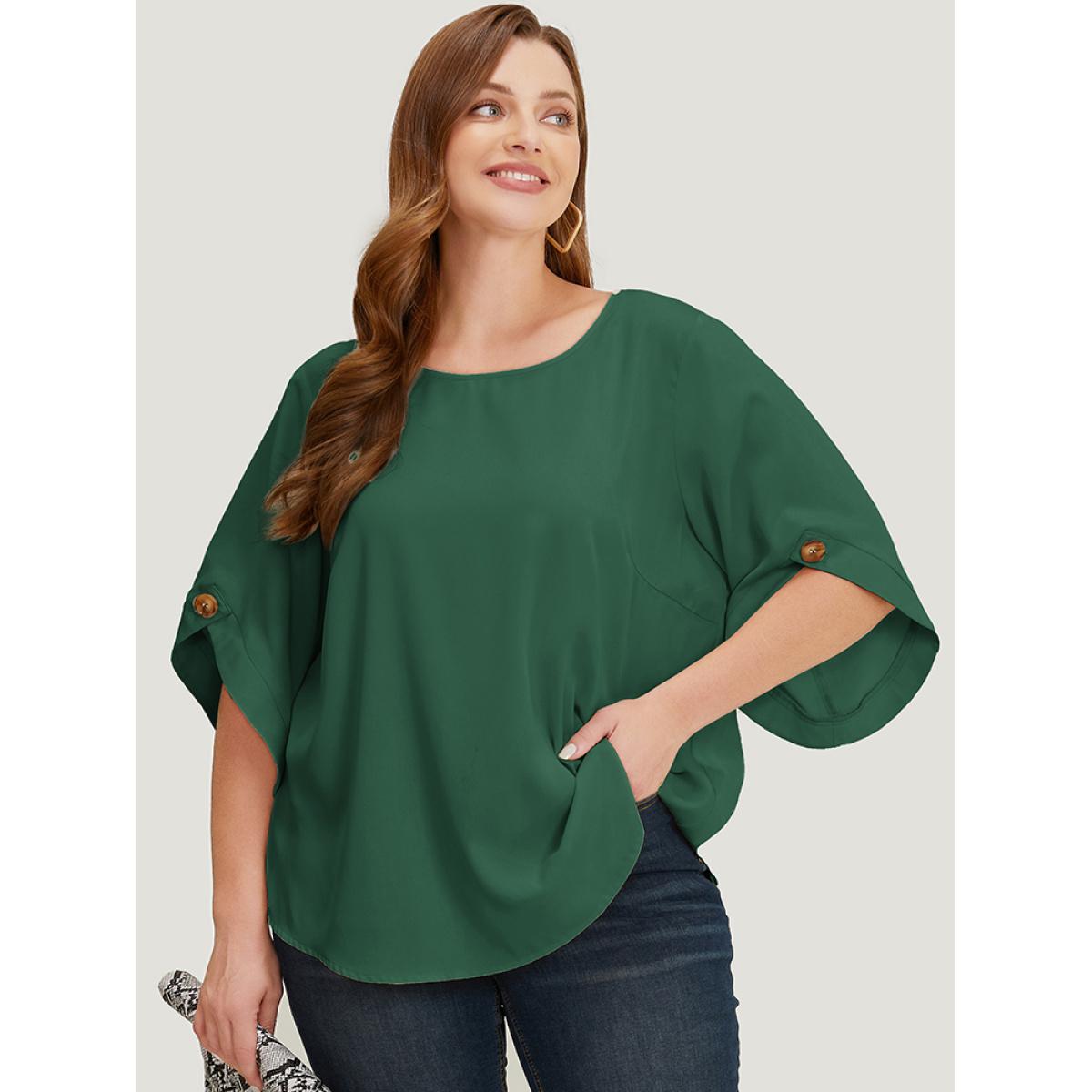 Plus Size ArmyGreen Solid Button Detail Flounce Sleeve Blouse Women Office Elbow-length sleeve Round Neck Dailywear Blouses BloomChic 14-16/1X Product Image