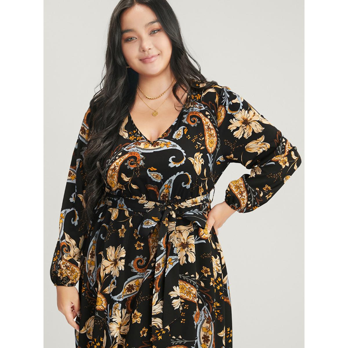 Plus Size Floral Pocket Lantern Sleeve V Neck Belted Maxi Dress Black Women Elegant Belted V-neck Long Sleeve Curvy Long Dress BloomChic 30/6X Product Image