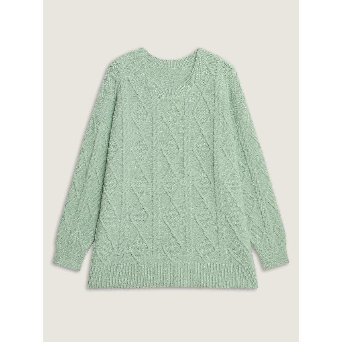 Plus Size Cableknit Round Neck Ribbed Hem Pullover Mint Women Leisure Loose Long Sleeve Round Neck Casual Pullovers BloomChic 10/M Product Image