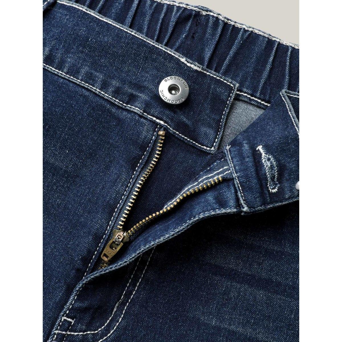 Plus Size Whiskered Stretchy Waist Bootcut Jeans Women Darkindigo Elegant Button Medium stretch Slanted pocket Jeans BloomChic 20/2X Product Image