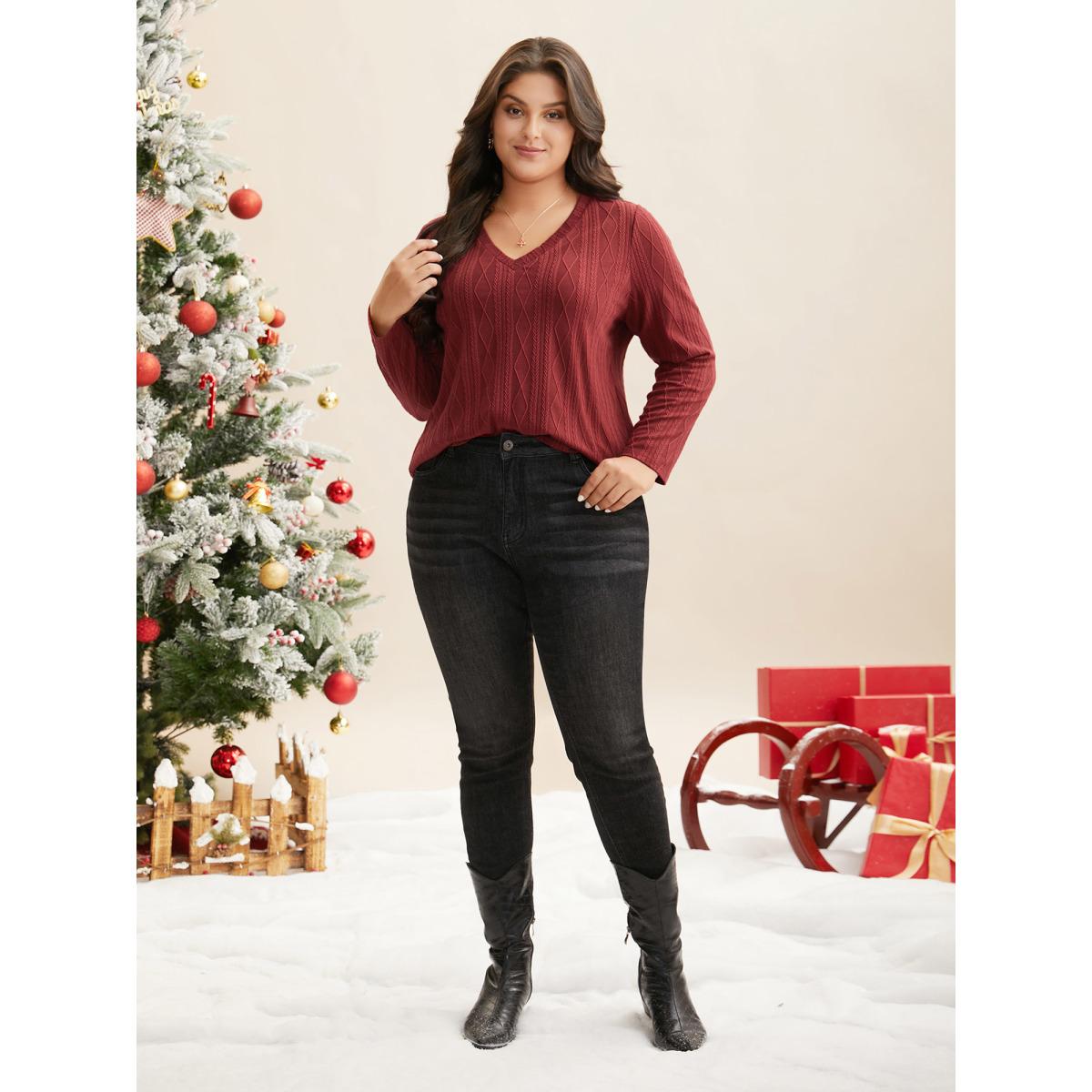 Plus Size V-neck Cable Knit Slim-Fit Tee Deepred Women Casual Texture V-neck Everyday T-shirts BloomChic 30/6X Product Image