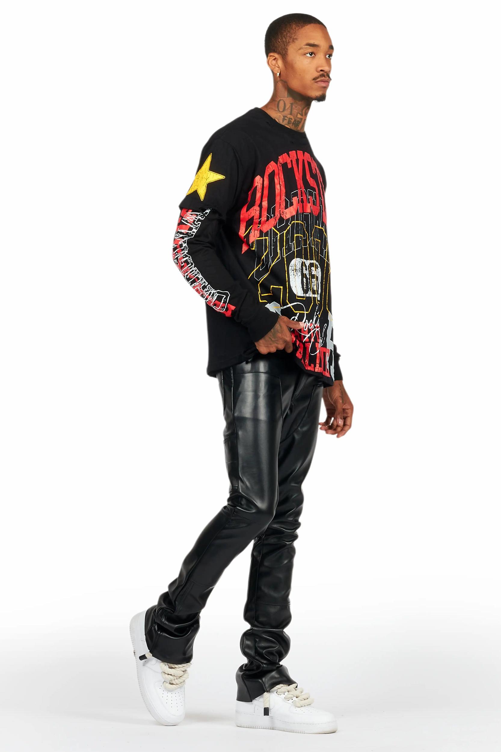 Quatz Black Leather Stacked Flare Jean Male Product Image