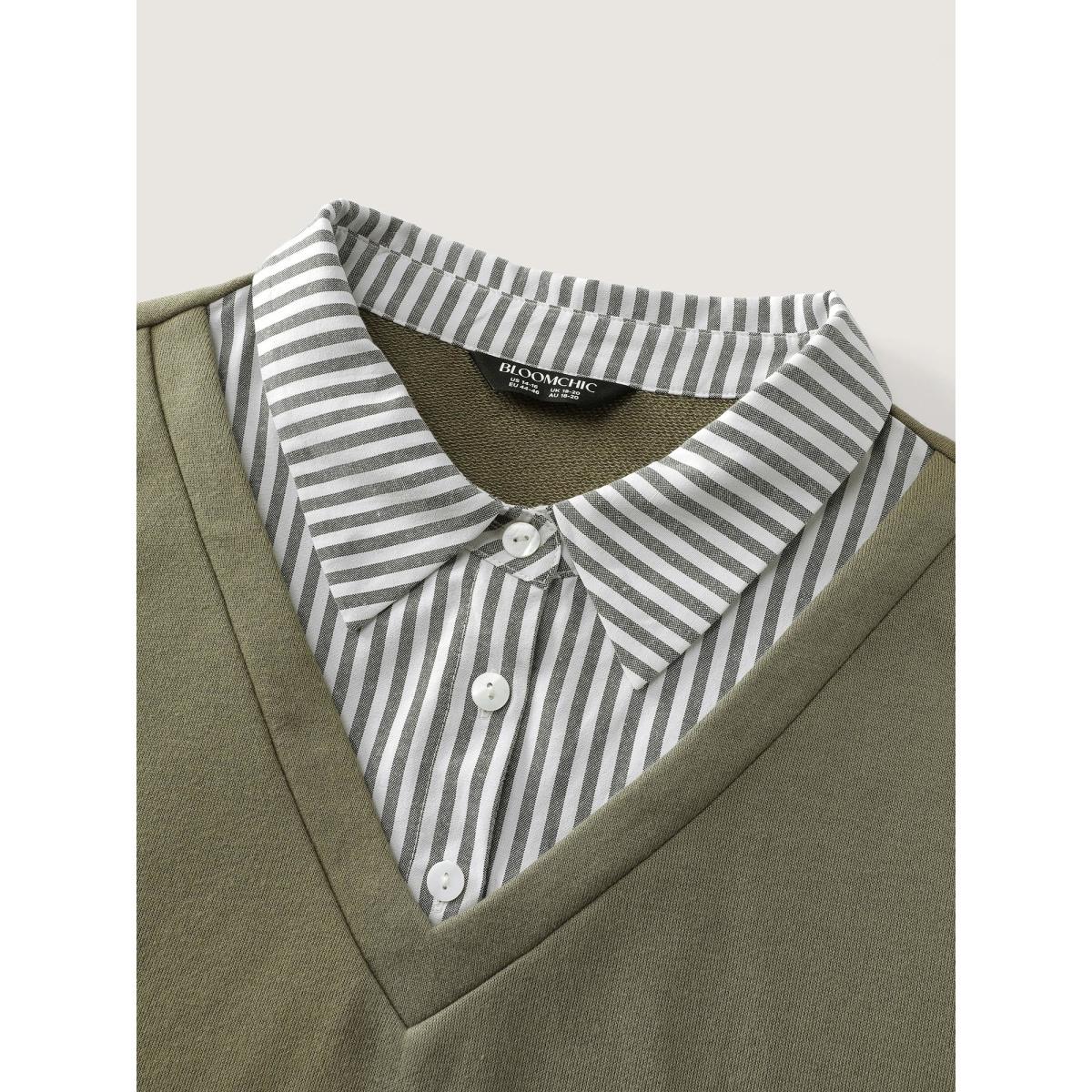 Plus Size 2-In-1 Stripe Drop Shoulder Sweatshirt Women Sage Leisure Contrast Shirt collar Casual Sweatshirts BloomChic 12/L Product Image