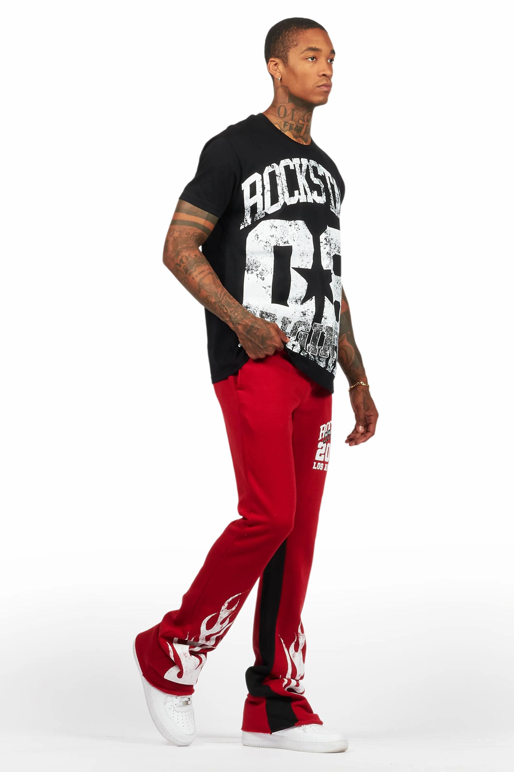 Edel Black/Burgundy T-Shirt/Stacked Baggy Track Pant Set Male Product Image