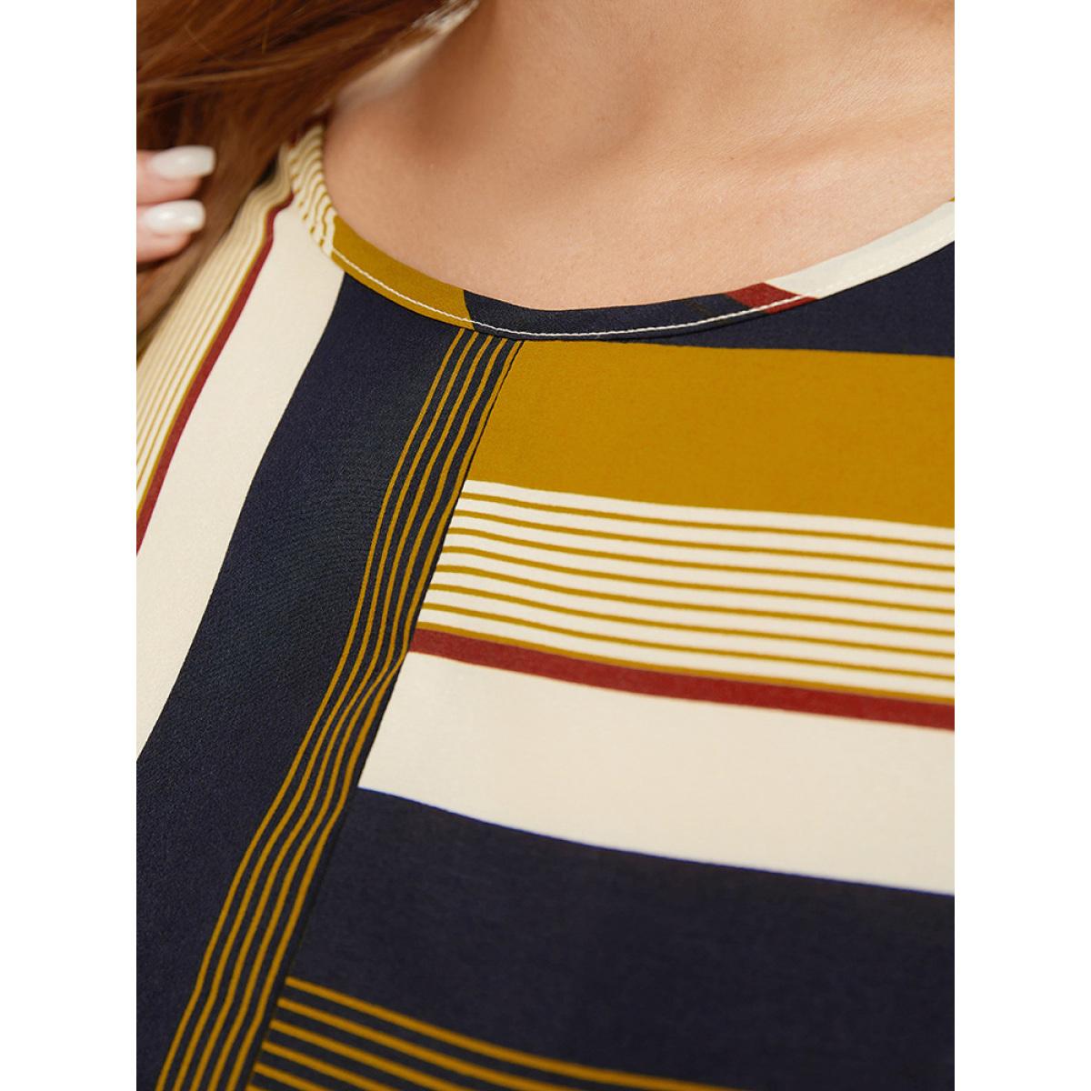 Plus Size Striped Patchwork Belted Ruffles Pocket Dolman Sleeve Dress Multicolor Women Vacation Contrast Round Neck Short sleeve Curvy Knee Dress BloomChic 28/5X Product Image