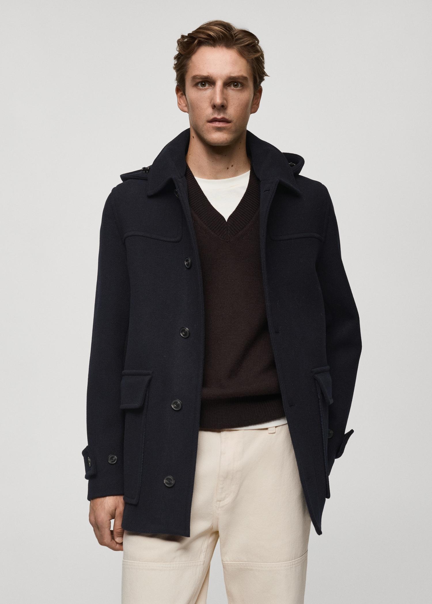 Detachable hood wool coat - Men | MANGO USA Product Image