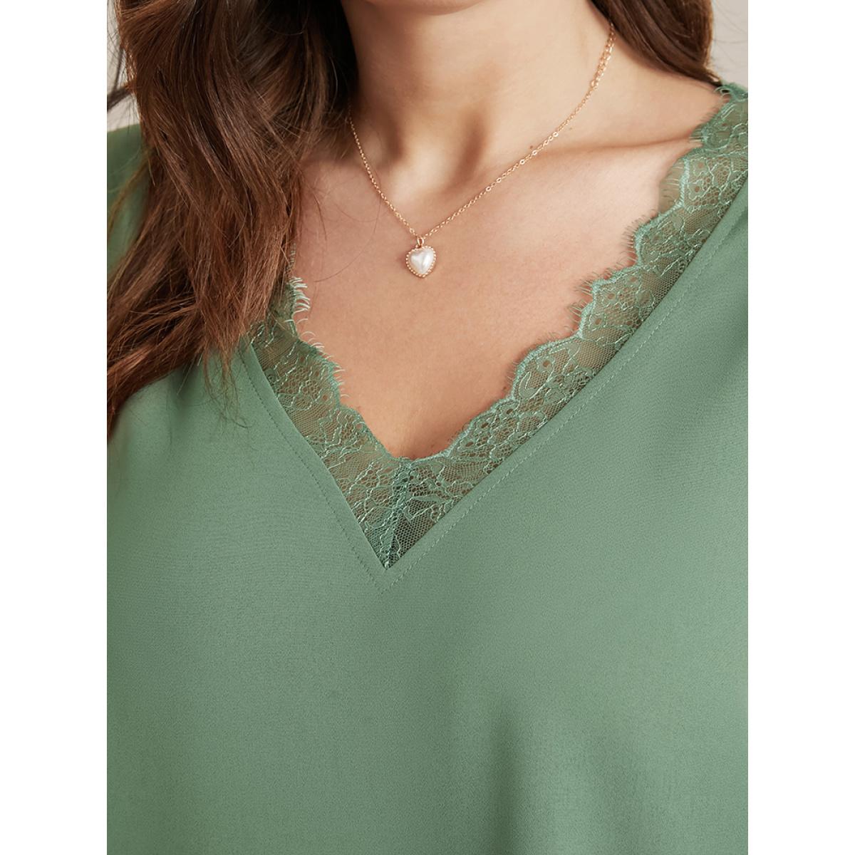 Plus Size Emerald Solid Lantern Sleeve Lace Trim V Neck Blouse Women Elegant Elbow-length sleeve V-neck Dailywear Blouses BloomChic 12/L Product Image