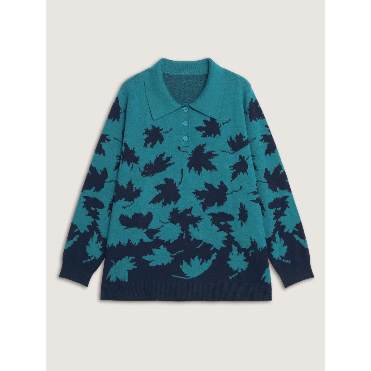 Plus Size Crisp Fall Leaf Polo Neck Pullover Cerulean Women Casual Loose Long Sleeve Polo Casual Pullovers BloomChic 30/6X Product Image