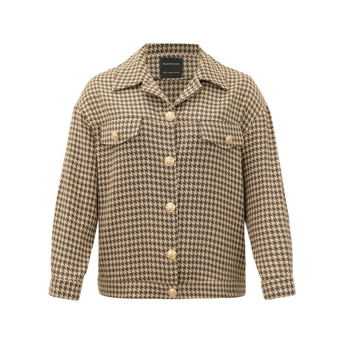Plus Size Houndstooth Pocket Metal Detail Jacket Women Tan Texture Dailywear Jackets BloomChic 22-24/3X Product Image