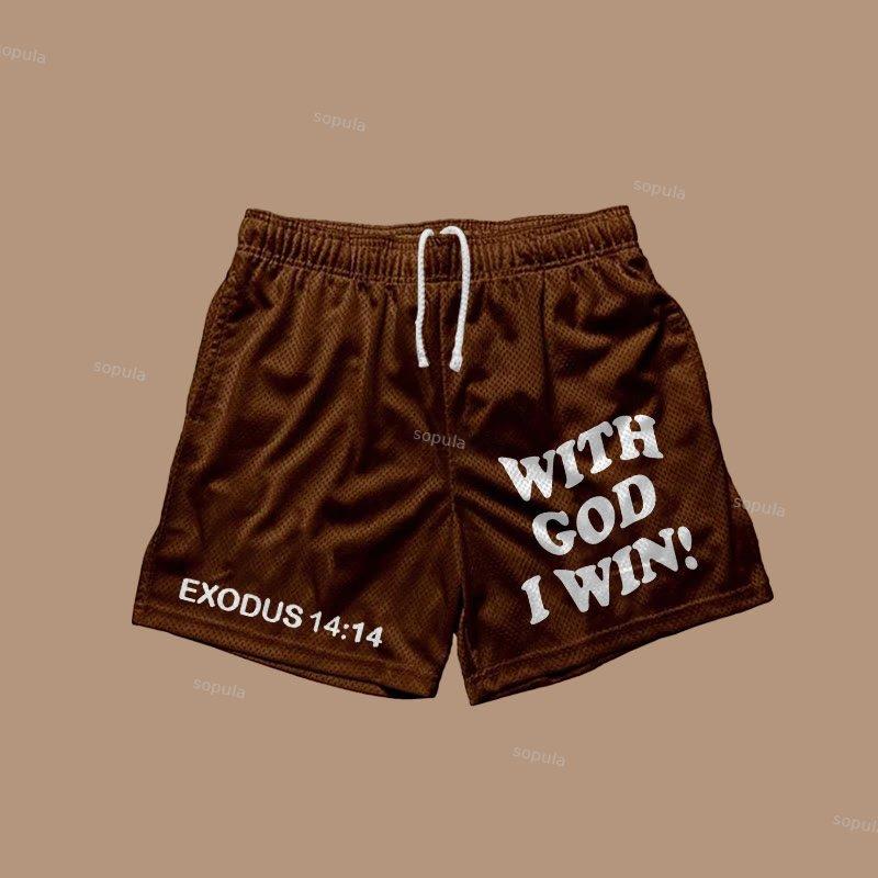 Sopula With God I Win Print Casual Street Mesh Shorts Product Image