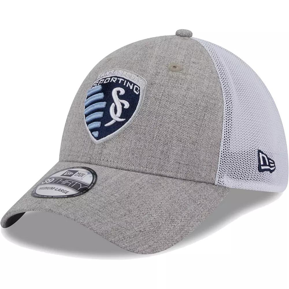 Men's New Era Heather Gray/White Sporting Kansas City 39THIRTY Trucker Flex Hat,  Product Image