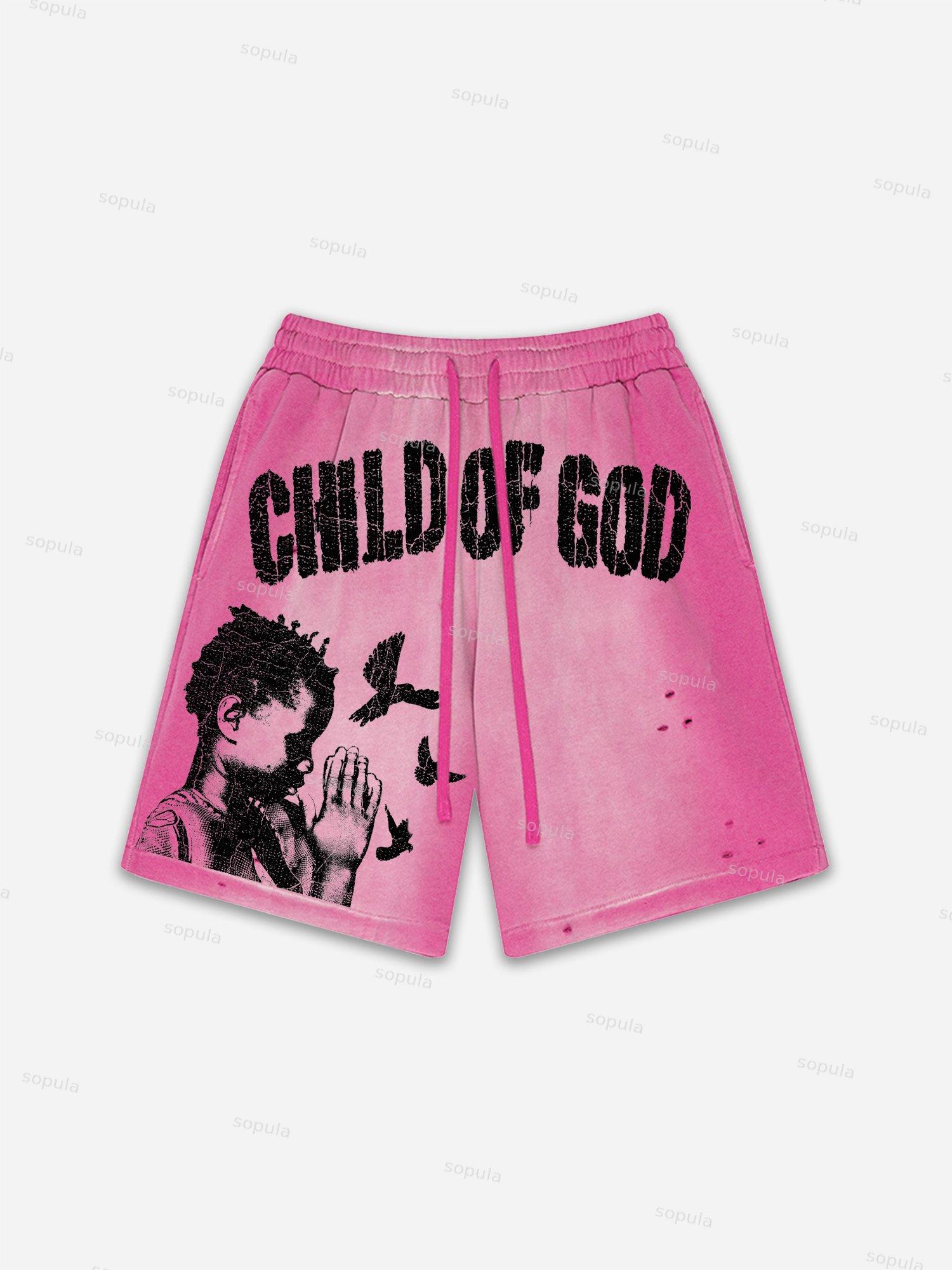 Child Of God Praying For Peace Print Vintage Washed Ripped Shorts Product Image