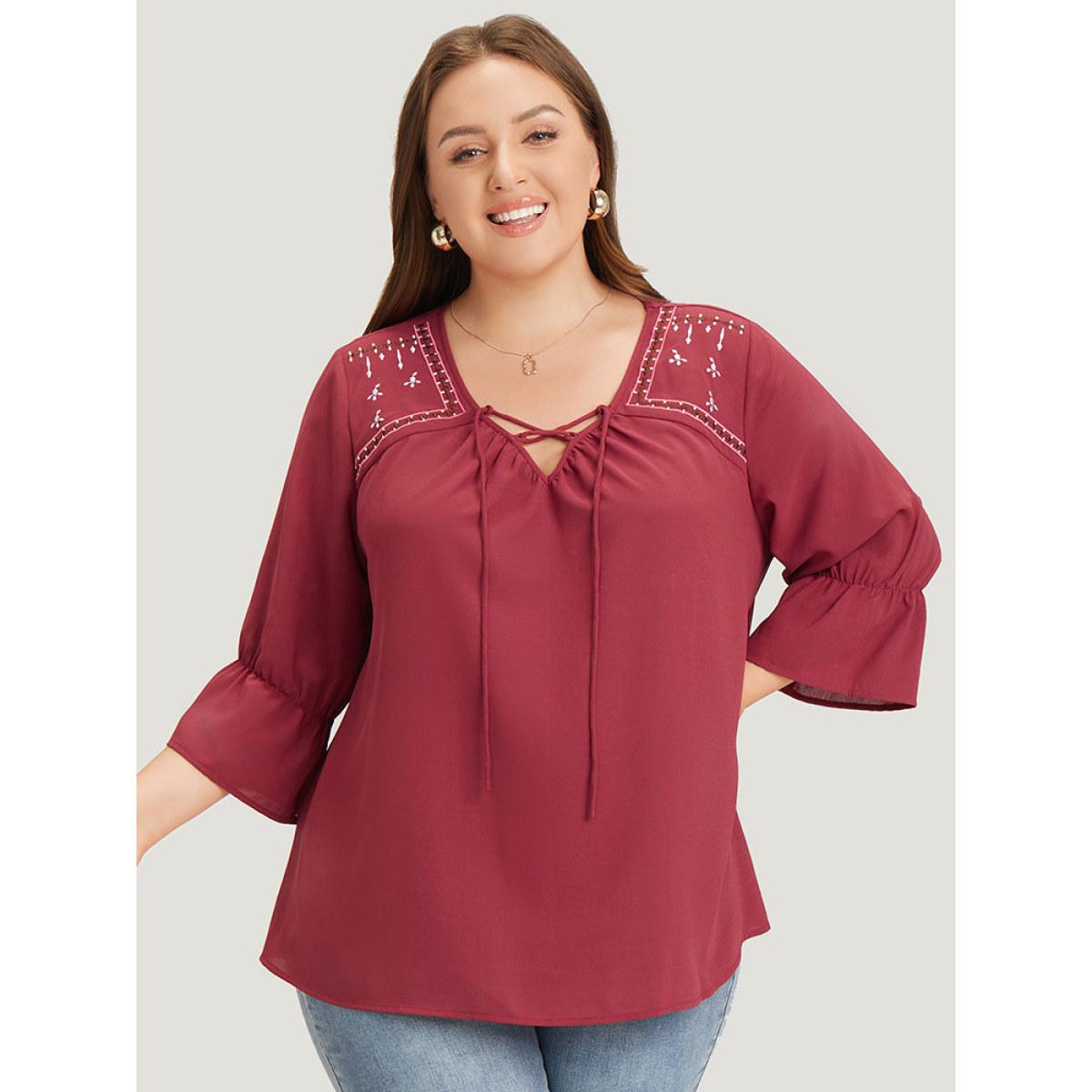 Plus Size Burgundy Plain Embroidered Lace Up Bell Sleeve Blouse Women Vacation Elbow-length sleeve V-neck Dailywear Blouses BloomChic 18-20/2X Product Image