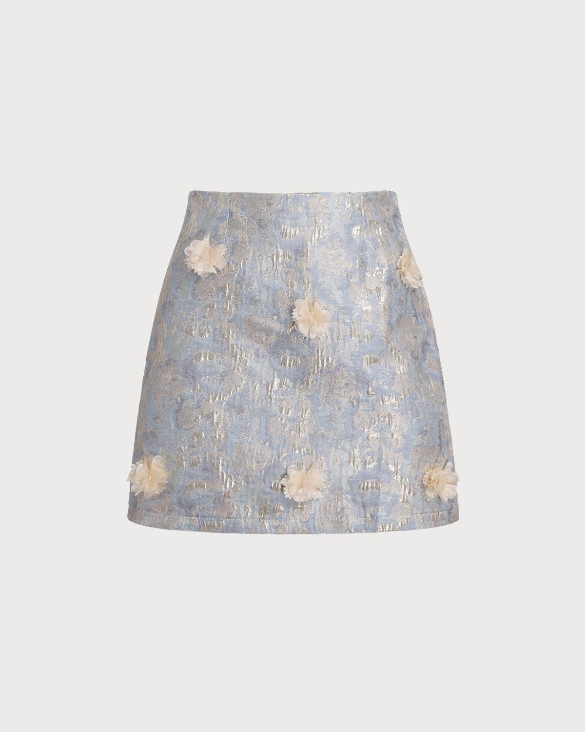 Blue Floral Textured A-Line Mini Skirt Product Image