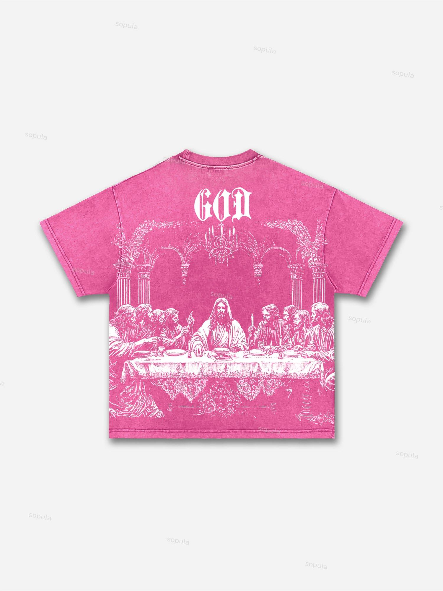 God's Supper Print Acid Wash T-shirt Product Image