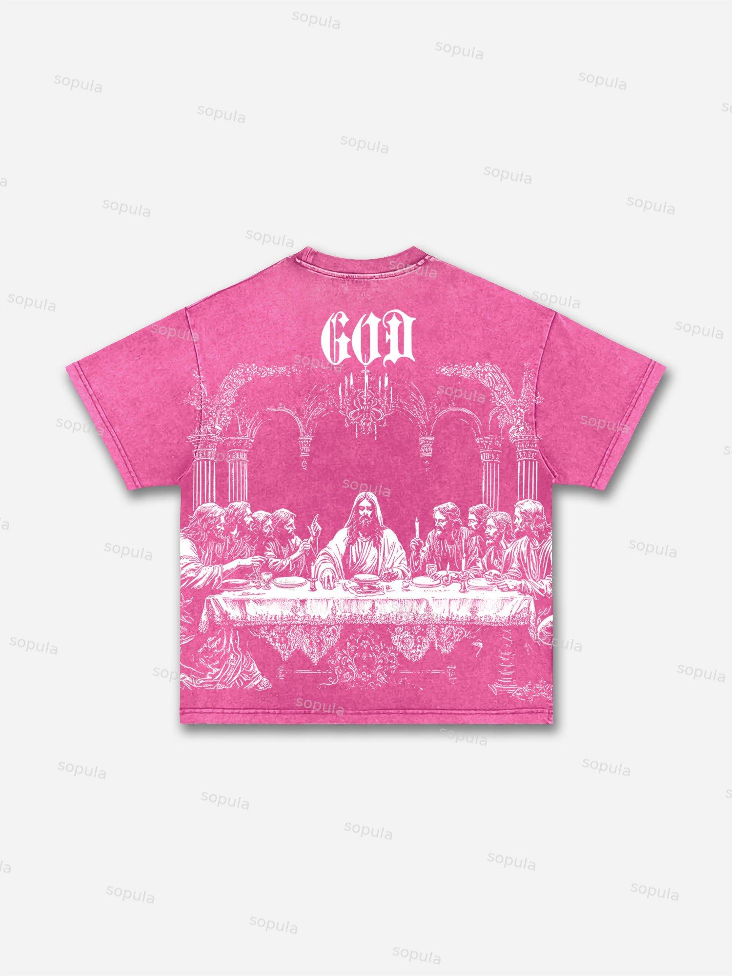 God's Supper Print Acid Wash T-shirt Product Image
