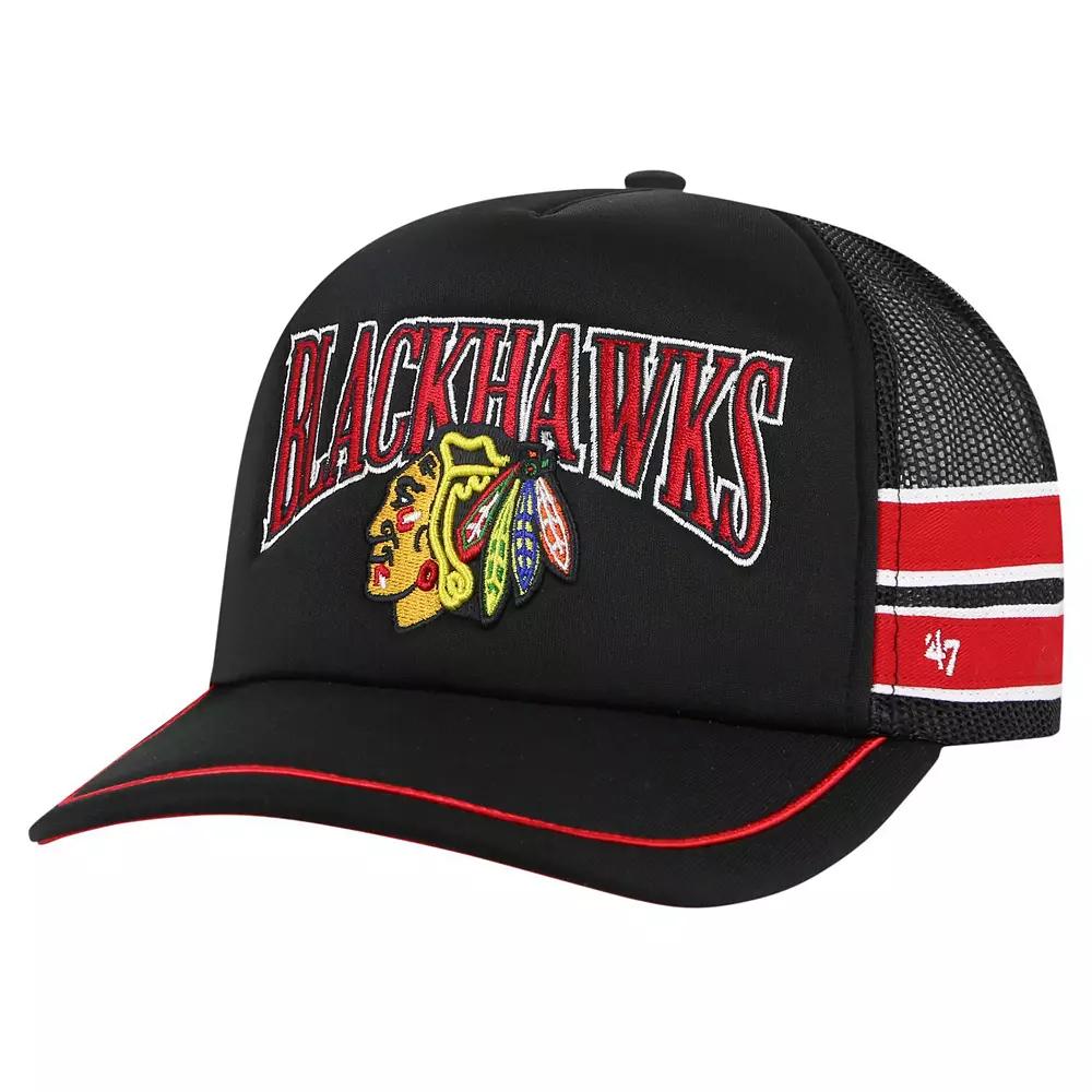 Men's '47 Black Chicago Blackhawks Sideband Stripes Trucker Snapback Hat Product Image