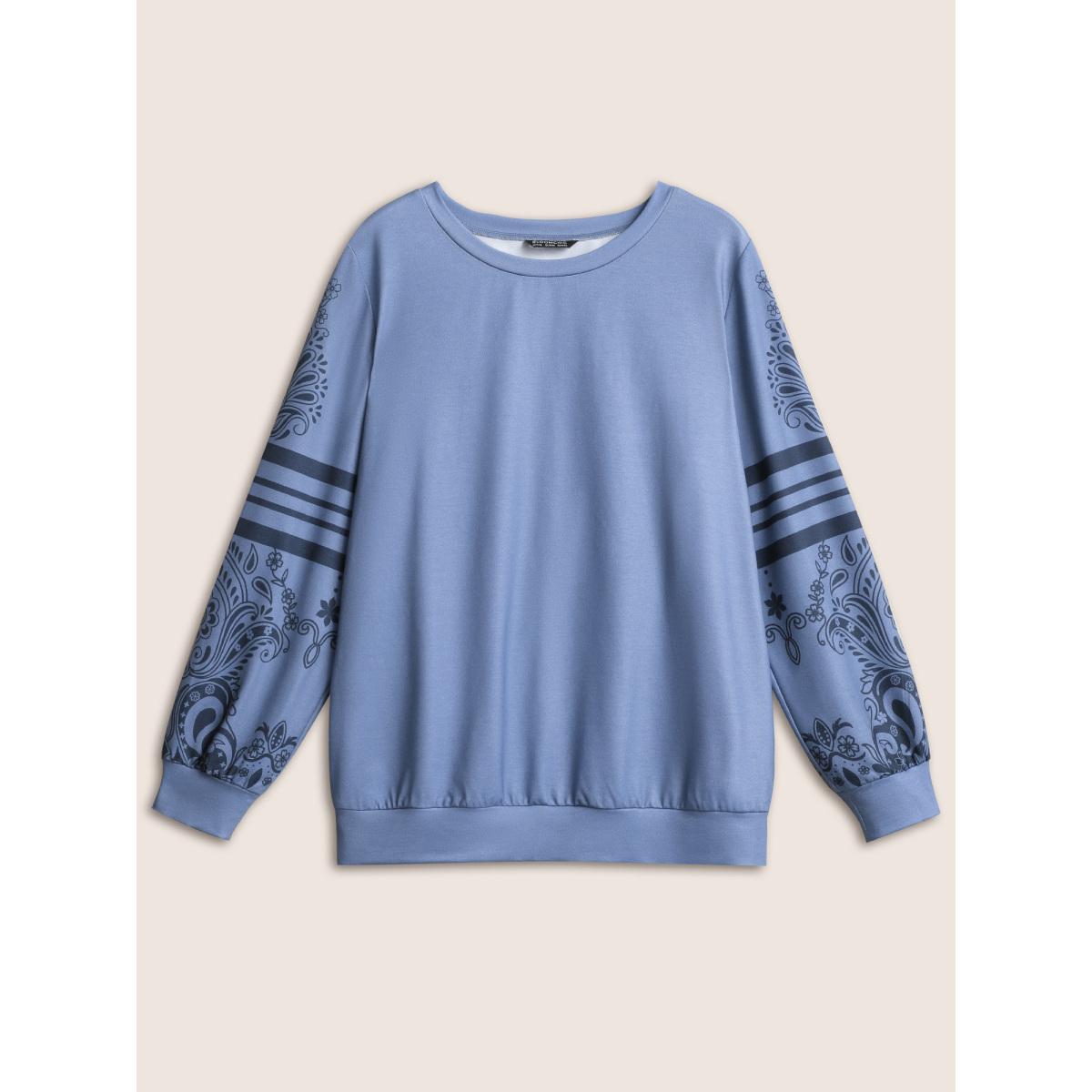 Plus Size Bandana Paisley Print Crew Neck Sweatshirt Women Cerulean Casual Printed Round Neck Dailywear Sweatshirts BloomChic 22-24/3X Product Image