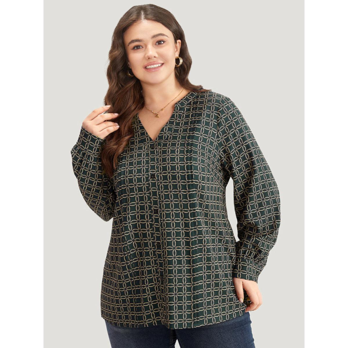 Plus Size ArmyGreen Geometric Graphic Pleated Detail Blouse Women Office Long Sleeve V-neck Work Blouses BloomChic 14-16/1X Product Image